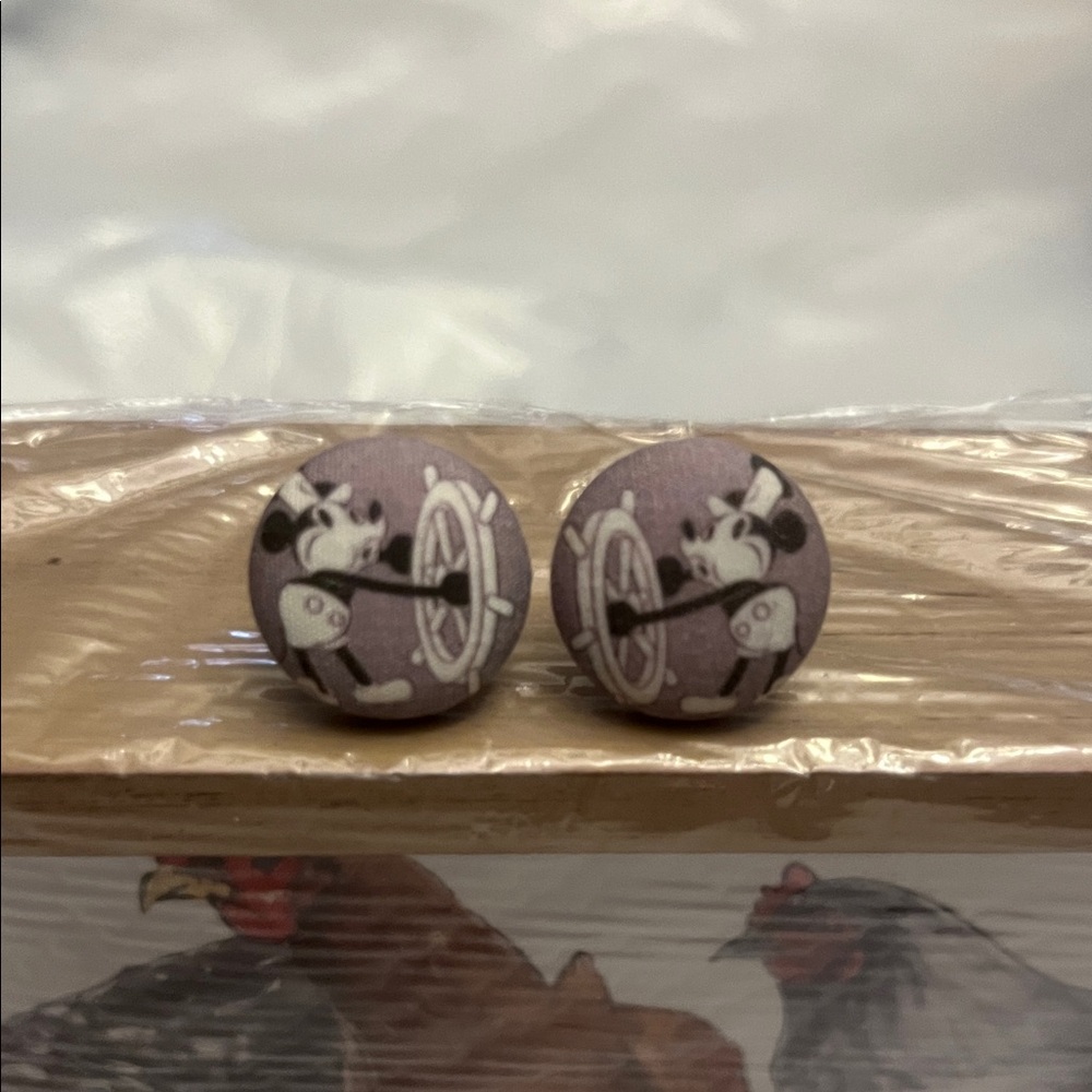 Vintage Cartoon Steamboat Mickey Mouse Fabric Button Earrings